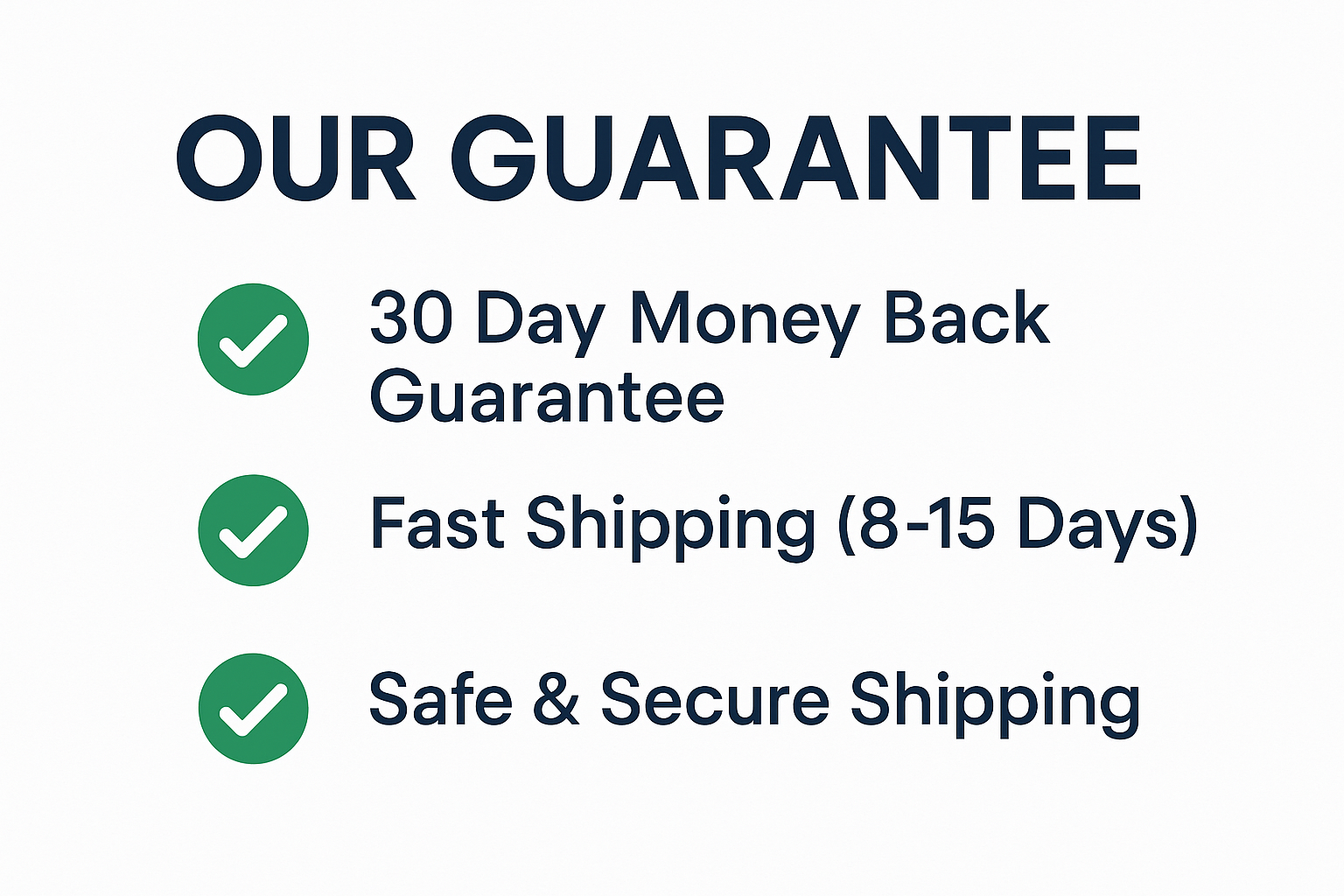 make me a "our guarantee" that states 30 day money back guarantee, with a check mark on the side of it, and fast shipping (8-15 days) with a check mark on the side of it, and safe and secure shipping with a check mark on the side of it